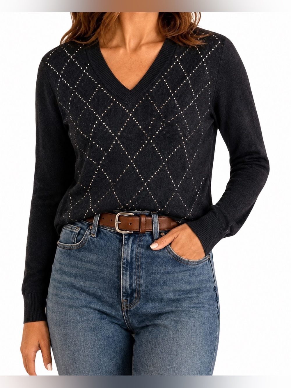 Tommy Hilfiger Sweater Womens Size XL Blue Pullover Stone Embellished V-Neck